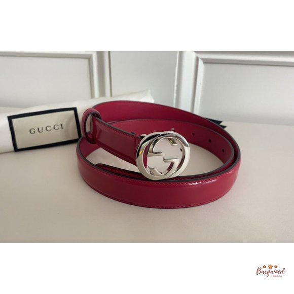 Authentic Gucci Red Calfskin Leather Silver Interlocking G Buckle Belt 80/32 - Picture 12 of 13